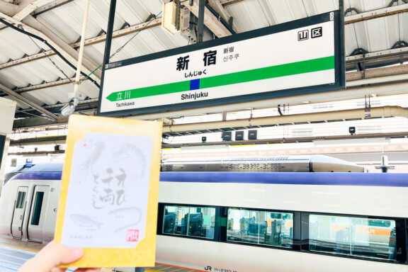 新宿駅の駅名標と新潟の駅弁パッケージ